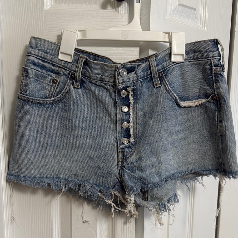 Levi Blue Jean Shorts with Frayed Edges
